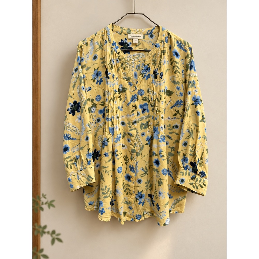 Coldwater Creek Yellow Blue Floral Pintuck 3/4 Sleeve Button Blouse XL Womens